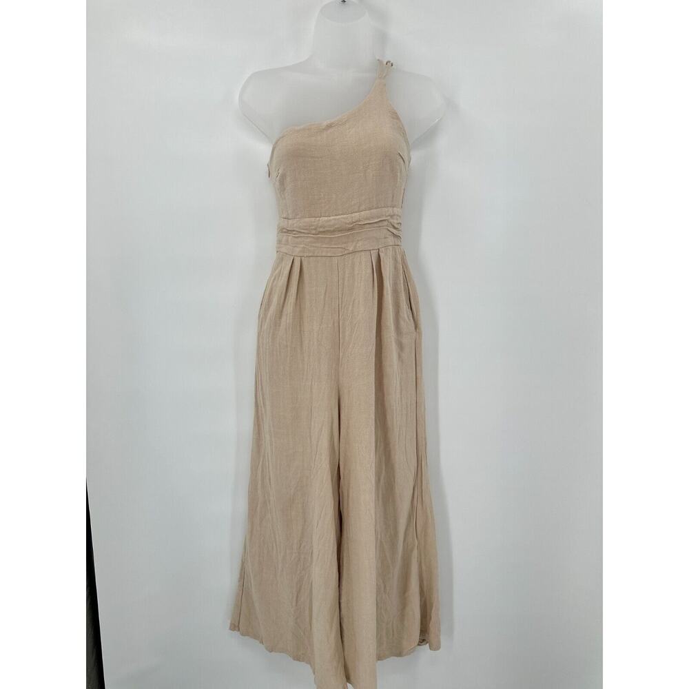 Anrabess Jumpsuit Small Tan Single Shoulder Wide Leg Coastal Linen One Shoulder